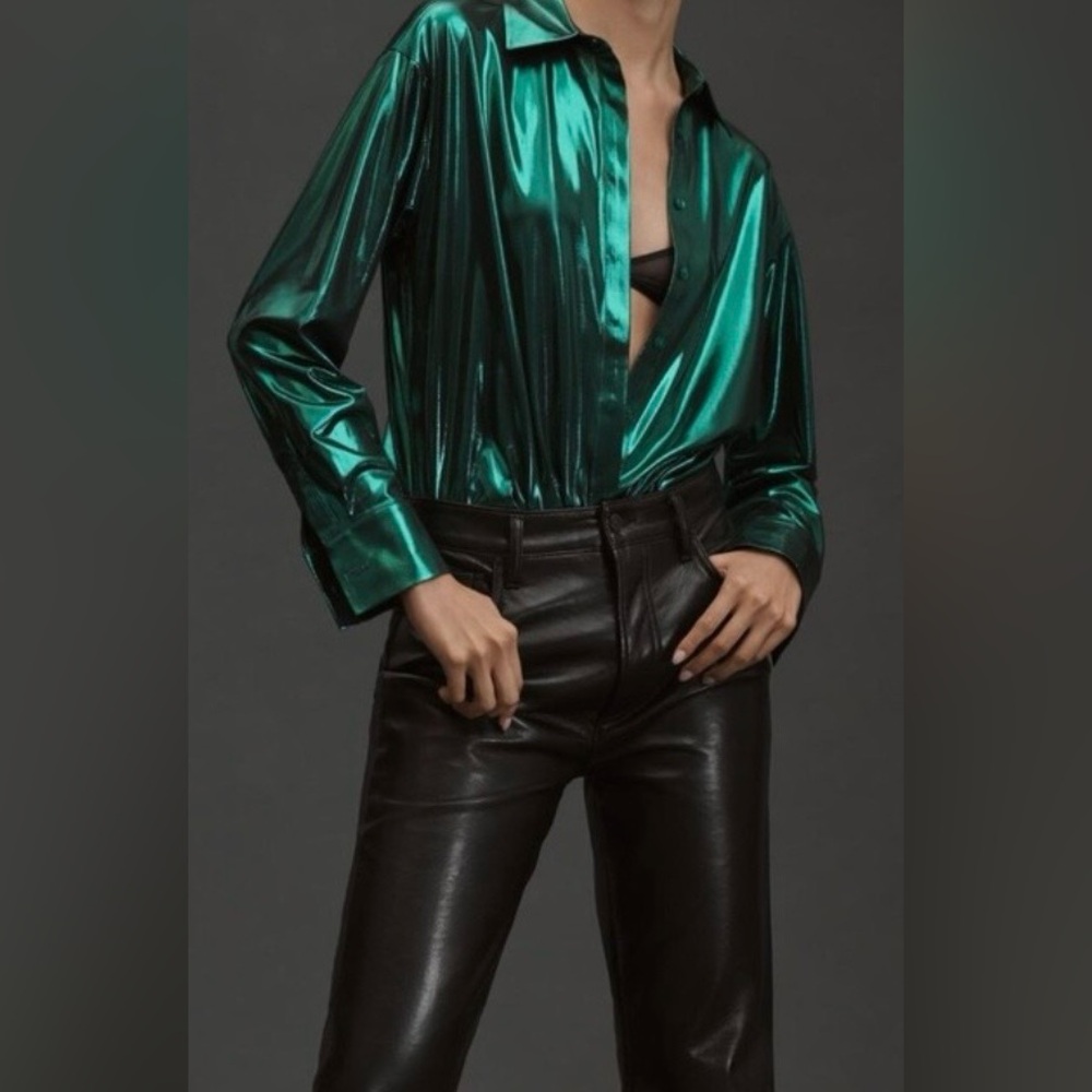Anthropologie Metallic Green Blouse